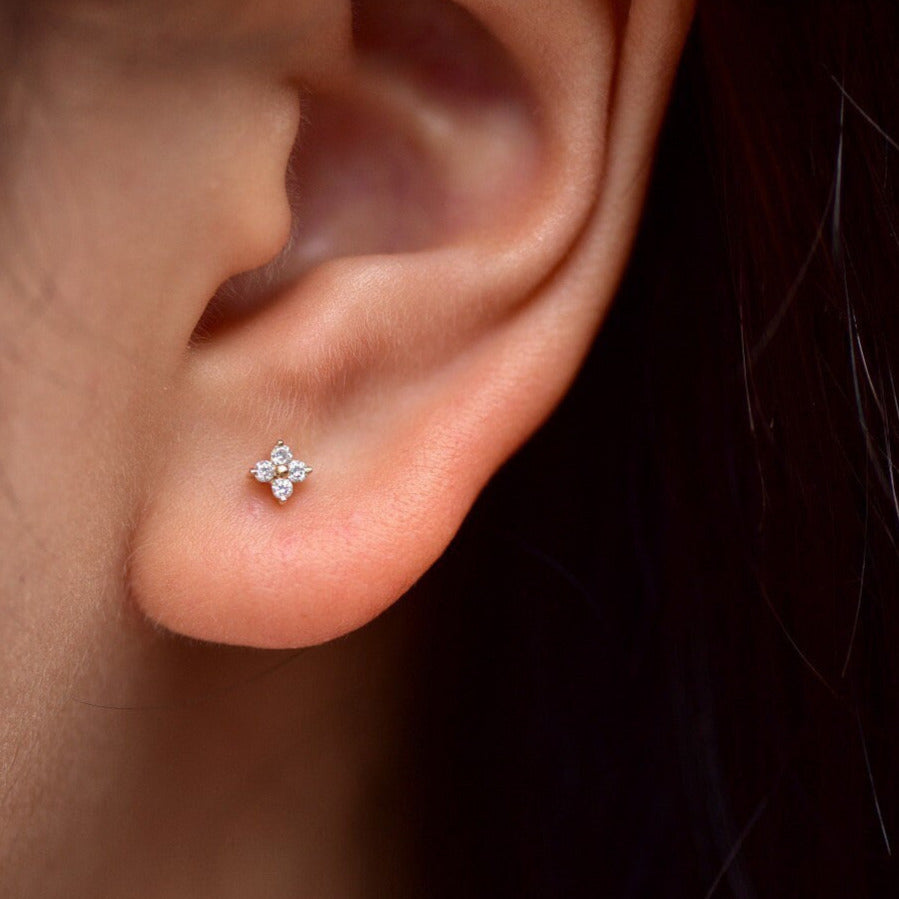 Mini Clover Flower Diamond Stud Earrings