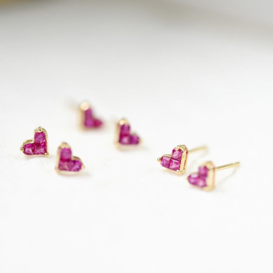 Mini Pink Ruby Heart Stud Earrings