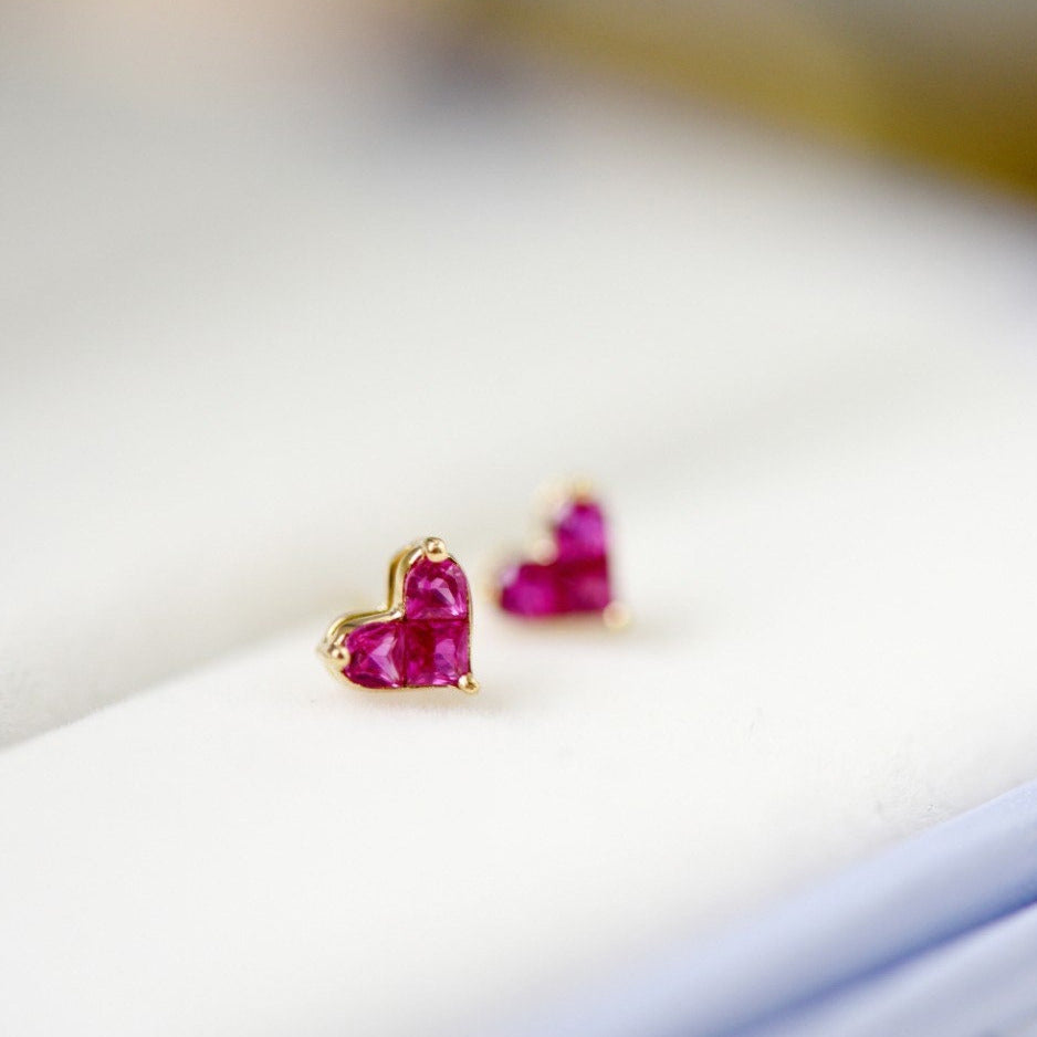 Mini Pink Ruby Heart Stud Earrings