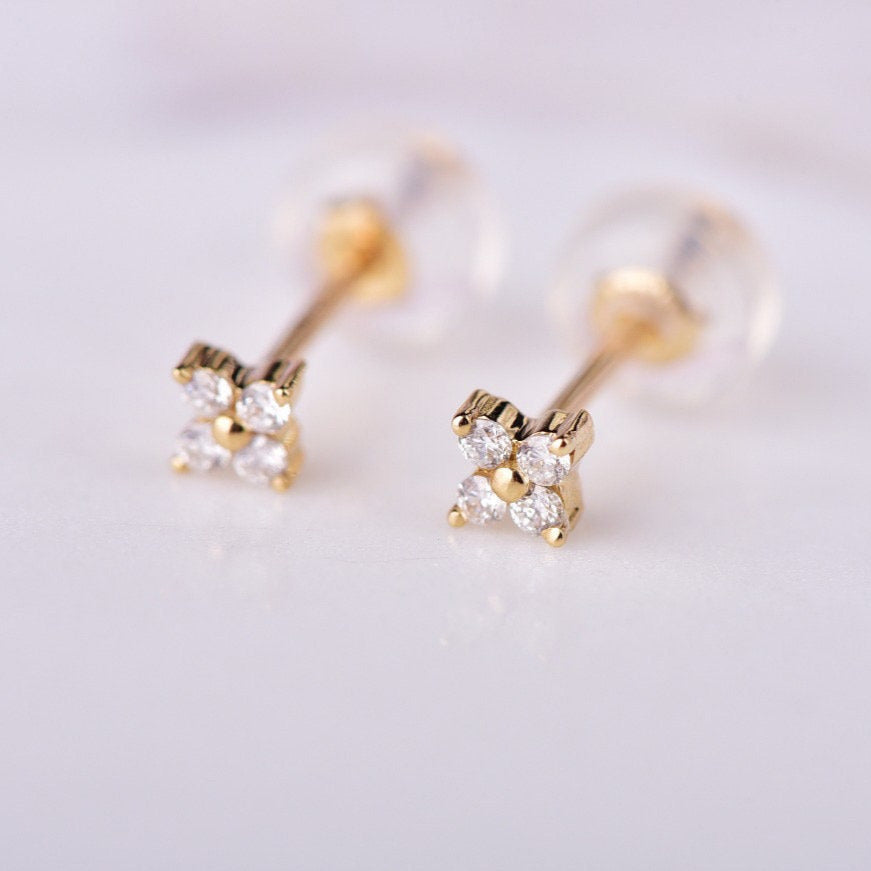 Mini Clover Flower Diamond Stud Earrings