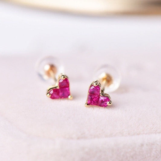 Mini Pink Ruby Heart Stud Earrings